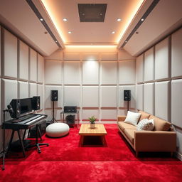 A home recording studio featuring a luxurious red carpet and pristine white walls, complemented by light grey acoustic panels