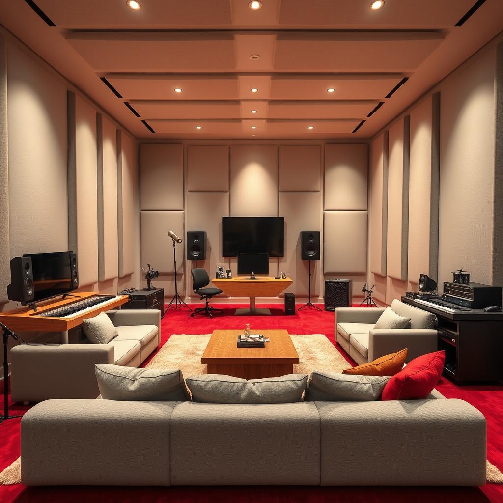 A home recording studio featuring a luxurious red carpet and pristine white walls, complemented by light grey acoustic panels