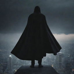 A menacing villain standing on top of a tall building, overlooking a dark cityscape, with his cloak billowing in the wind.