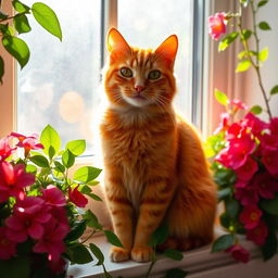 Cheerful ginger cat with vibrant orange fur, sitting gracefully on a windowsill surrounded by lush green plants and colorful blooming flowers