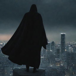 A menacing villain standing on top of a tall building, overlooking a dark cityscape, with his cloak billowing in the wind.