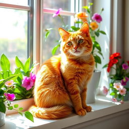 Cheerful ginger cat with vibrant orange fur, sitting gracefully on a windowsill surrounded by lush green plants and colorful blooming flowers