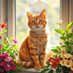 Cheerful ginger cat with vibrant orange fur, sitting gracefully on a windowsill surrounded by lush green plants and colorful blooming flowers