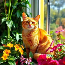 Cheerful ginger cat with vibrant orange fur, sitting gracefully on a windowsill surrounded by lush green plants and colorful blooming flowers