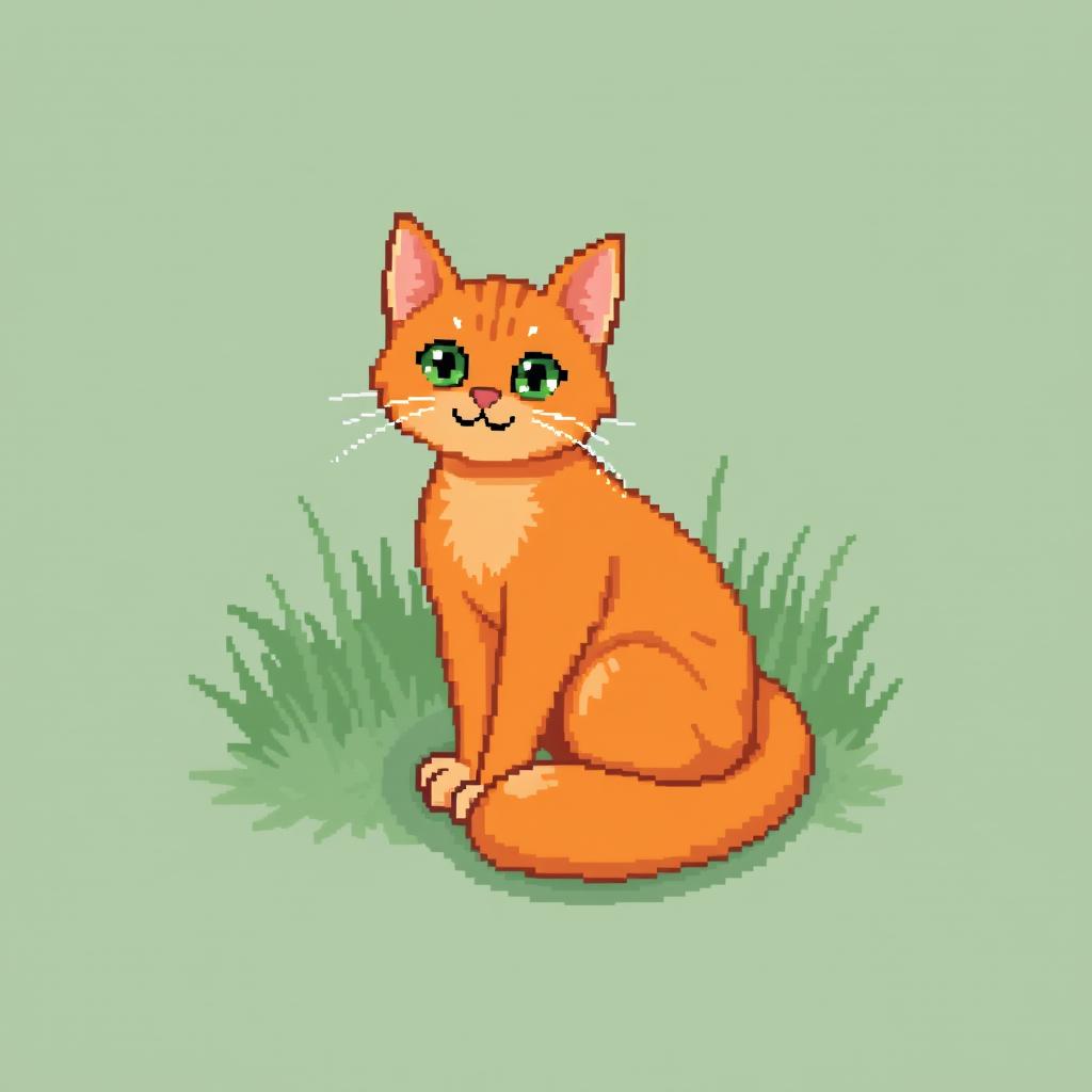 A pixel art illustration of a ginger cat with a fluffy tail sitting gracefully