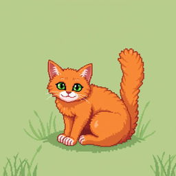 A pixel art illustration of a ginger cat with a fluffy tail sitting gracefully