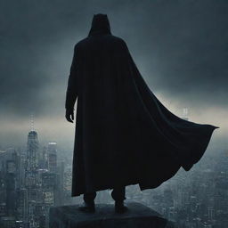 A menacing villain standing on top of a tall building, overlooking a dark cityscape, with his cloak billowing in the wind.