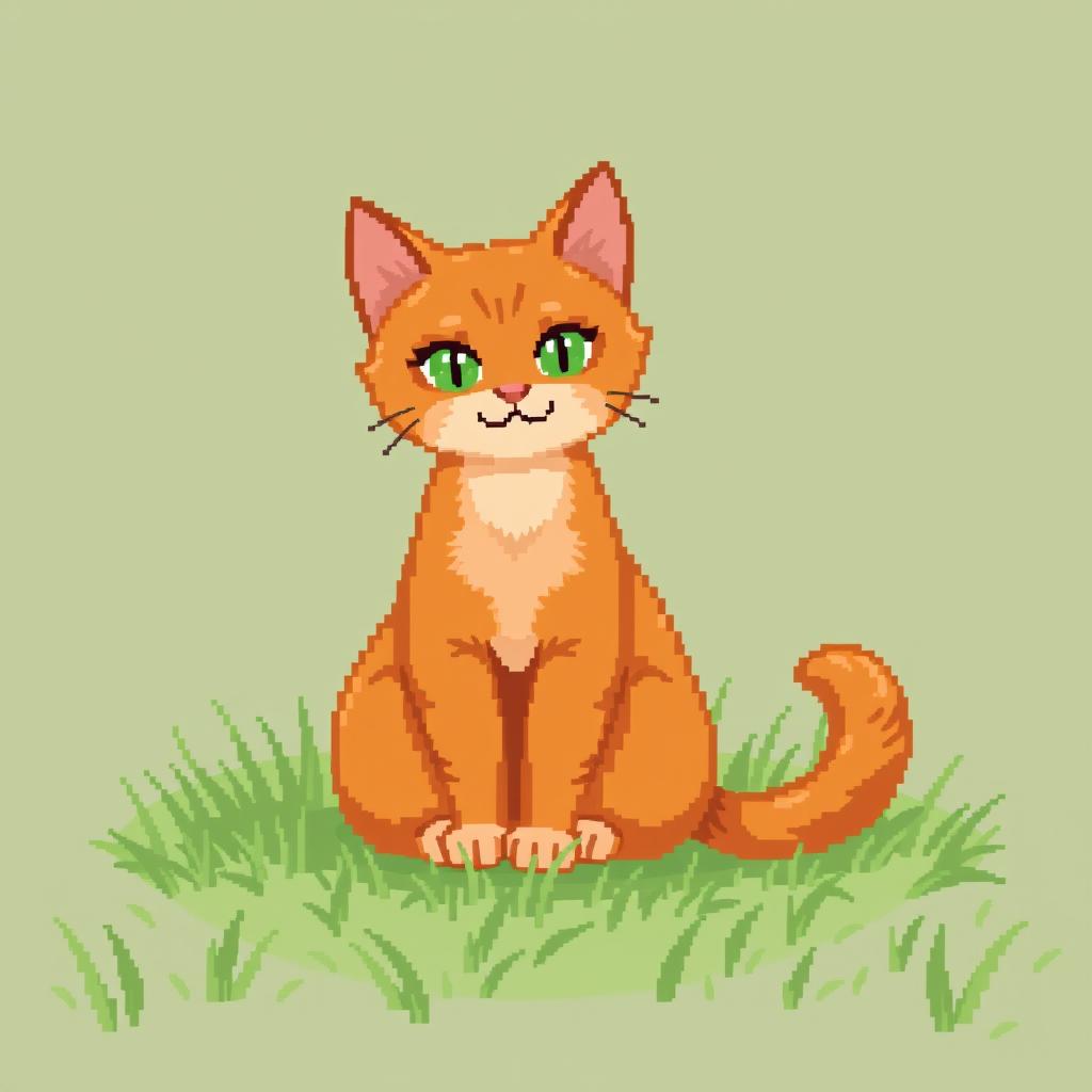 A pixel art illustration of a ginger cat with a fluffy tail sitting gracefully