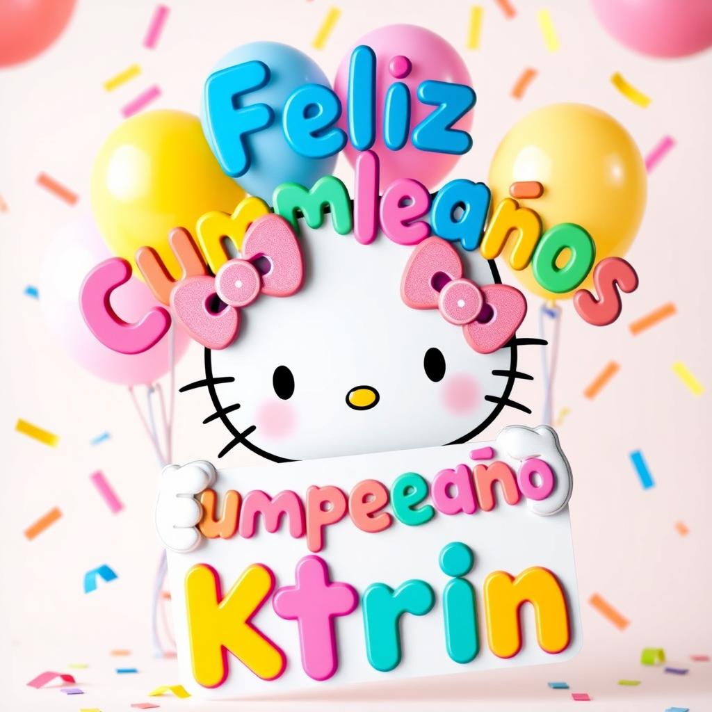 Hello Kitty joyfully holding a colorful birthday sign with the text 'Feliz Cumpleaños Ktrin' in playful, festive fonts