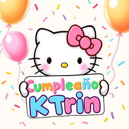 Hello Kitty joyfully holding a colorful birthday sign with the text 'Feliz Cumpleaños Ktrin' in playful, festive fonts