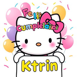 Hello Kitty joyfully holding a colorful birthday sign with the text 'Feliz Cumpleaños Ktrin' in playful, festive fonts