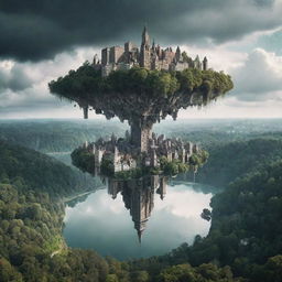 A surreal scene of an upside-down city floating in the sky above a tranquil forest landscape, creating a stark, dreamlike contrast