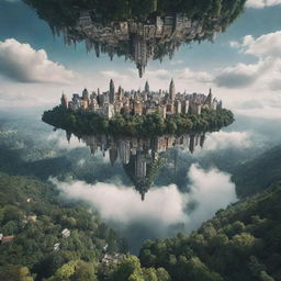 A surreal scene of an upside-down city floating in the sky above a tranquil forest landscape, creating a stark, dreamlike contrast