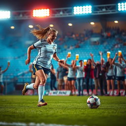 A dynamic scene capturing the excitement of women's football, with a focus on a player energetically dribbling the ball on the field