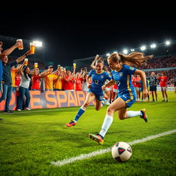 A dynamic scene capturing the excitement of women's football, with a focus on a player energetically dribbling the ball on the field