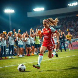 A dynamic scene capturing the excitement of women's football, with a focus on a player energetically dribbling the ball on the field