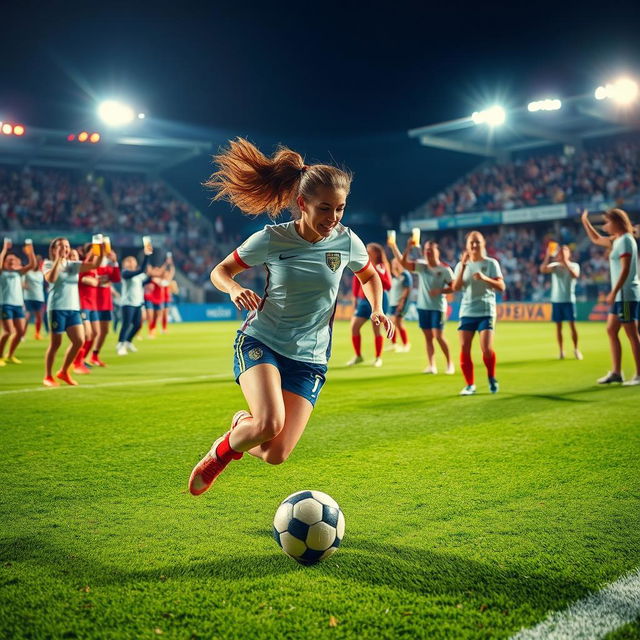 A dynamic scene capturing the excitement of women's football, with a focus on a player energetically dribbling the ball on the field