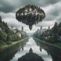 A surreal scene of an upside-down city floating in the sky above a tranquil forest landscape, creating a stark, dreamlike contrast