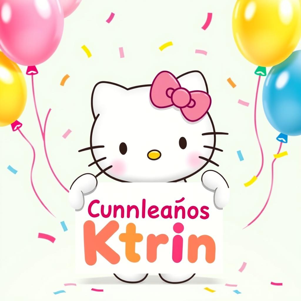 Hello Kitty joyfully holding a colorful birthday sign with the text 'Feliz Cumpleaños Ktrin' in playful, festive fonts