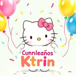 Hello Kitty joyfully holding a colorful birthday sign with the text 'Feliz Cumpleaños Ktrin' in playful, festive fonts