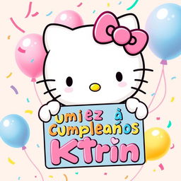 Hello Kitty joyfully holding a colorful birthday sign with the text 'Feliz Cumpleaños Ktrin' in playful, festive fonts