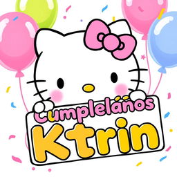 Hello Kitty joyfully holding a colorful birthday sign with the text 'Feliz Cumpleaños Ktrin' in playful, festive fonts