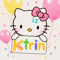 Hello Kitty joyfully holding a colorful birthday sign with the text 'Feliz Cumpleaños Ktrin' in playful, festive fonts