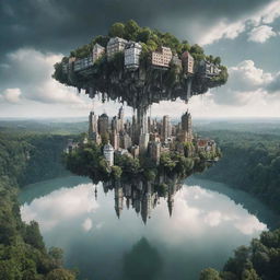 A surreal scene of an upside-down city floating in the sky above a tranquil forest landscape, creating a stark, dreamlike contrast