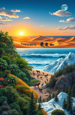 A breathtaking and dynamic landscape that seamlessly transitions through all major biomes, showcasing the diversity of the natural world