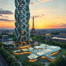 Bionic-shaped skyscraper with smooth, flowing lines and zigzags in Paris