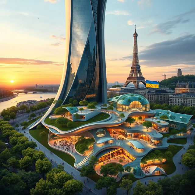 Bionic-shaped skyscraper with smooth, flowing lines and zigzags in Paris