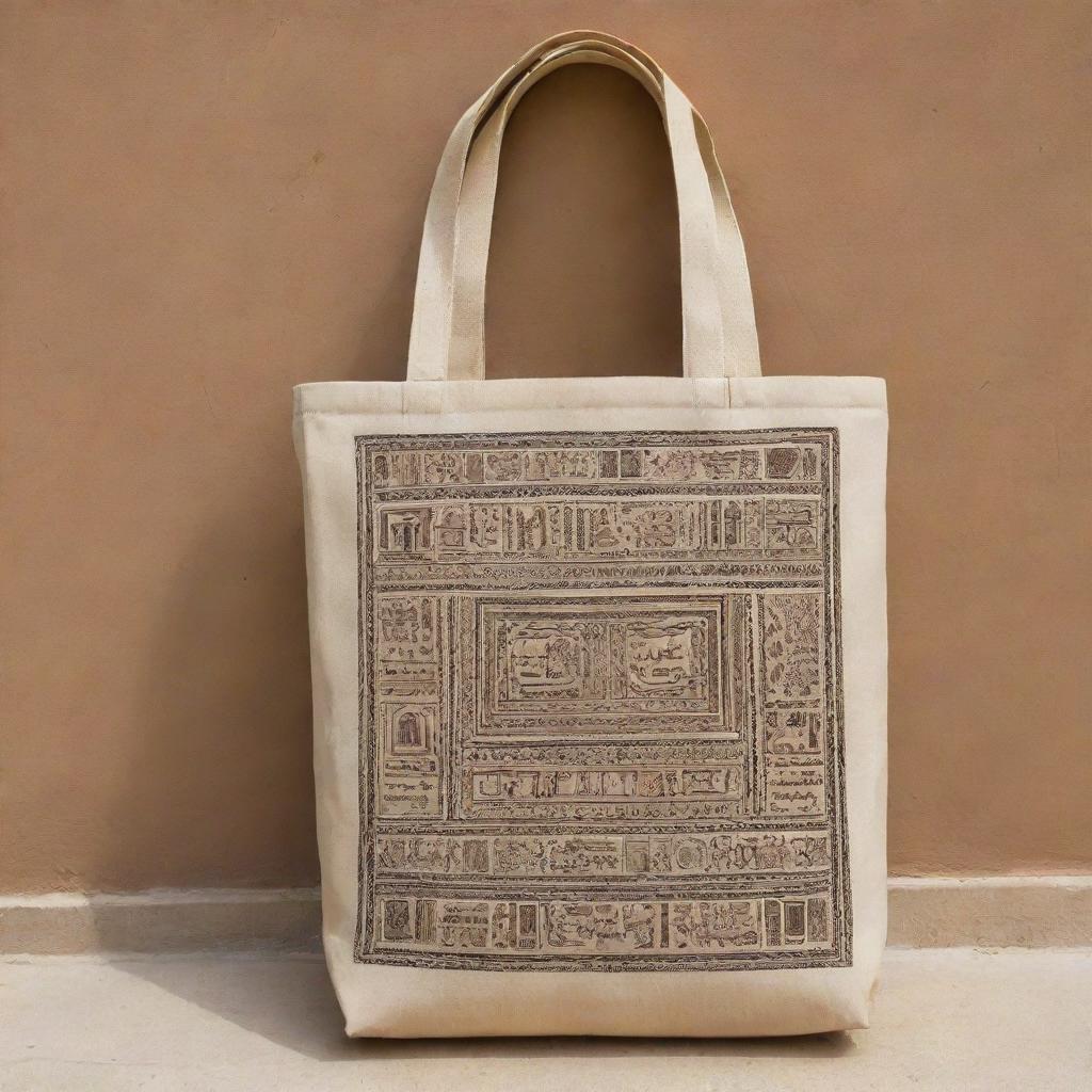 Design a tote bag showcasing traditional Yemeni motifs, patterns, and colors. Incorporate elements like the ancient high-rise buildings of Shibam, beautiful intricate carvings, and traditional Yemeni clothes, all in a tasteful and visually appealing way.