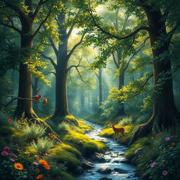 A serene and lush forest landscape, filled with towering trees covered in vibrant green foliage and dappled sunlight filtering through the leaves