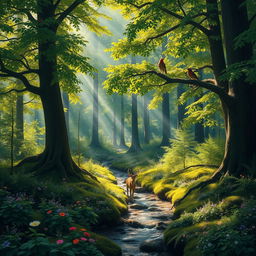 A serene and lush forest landscape, filled with towering trees covered in vibrant green foliage and dappled sunlight filtering through the leaves