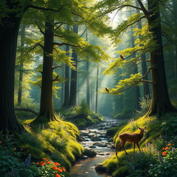 A serene and lush forest landscape, filled with towering trees covered in vibrant green foliage and dappled sunlight filtering through the leaves