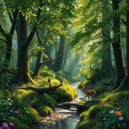 A serene and lush forest landscape, filled with towering trees covered in vibrant green foliage and dappled sunlight filtering through the leaves