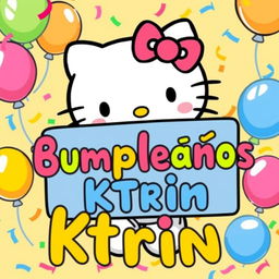 A cute and cheerful illustration of Hello Kitty holding a colorful sign that reads "Feliz Cumpleaños Ktrin" in bold and festive letters