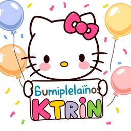 A cute and cheerful illustration of Hello Kitty holding a colorful sign that reads "Feliz Cumpleaños Ktrin" in bold and festive letters