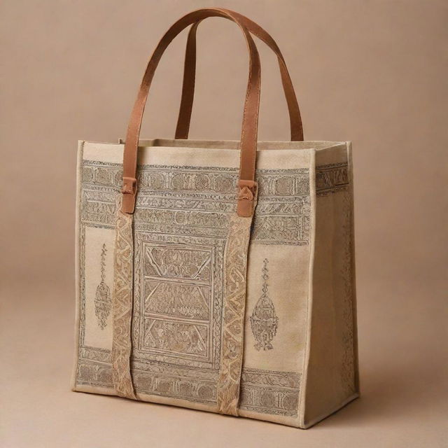 Design a tote bag showcasing traditional Yemeni motifs, patterns, and colors. Incorporate elements like the ancient high-rise buildings of Shibam, beautiful intricate carvings, and traditional Yemeni clothes, all in a tasteful and visually appealing way.