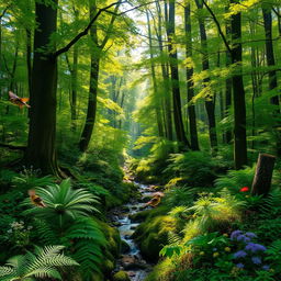 A vibrant and lush forest filled with thriving greenery and towering trees