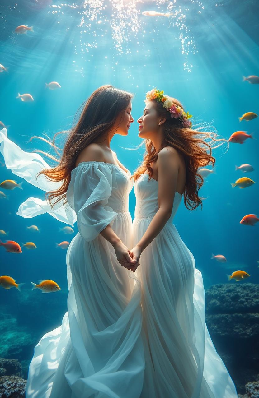 A romantic underwater scene featuring two women holding hands and gazing into each other's eyes