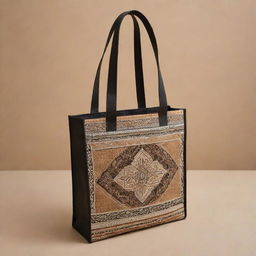 Design a tote bag showcasing traditional Yemeni motifs, patterns, and colors. Incorporate elements like the ancient high-rise buildings of Shibam, beautiful intricate carvings, and traditional Yemeni clothes, all in a tasteful and visually appealing way.