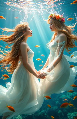 A romantic underwater scene featuring two women holding hands and gazing into each other's eyes