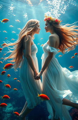 A romantic underwater scene featuring two women holding hands and gazing into each other's eyes