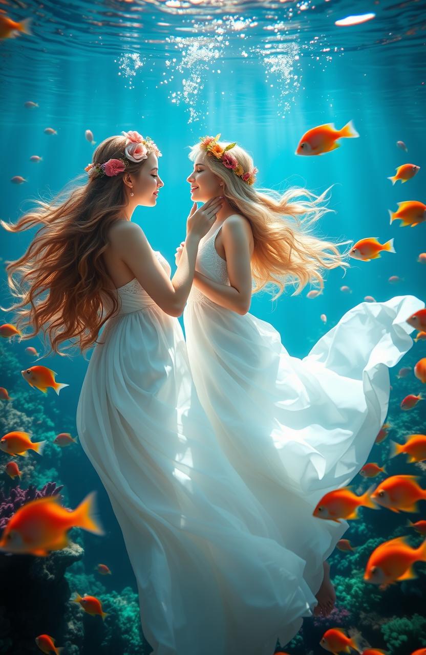 A romantic underwater scene featuring two women holding hands and gazing into each other's eyes