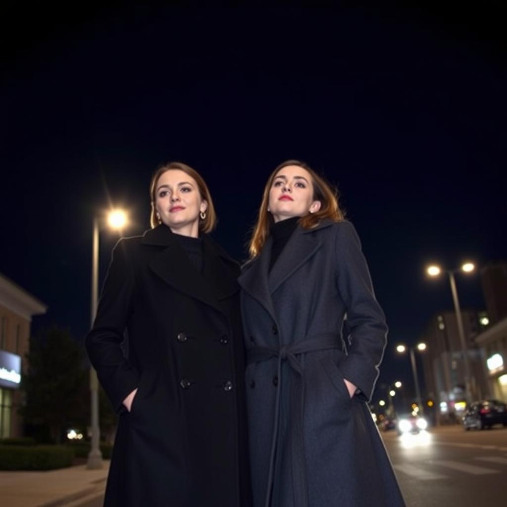 Two women in formal coats standing under the night sky