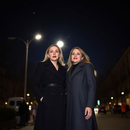 Two women in formal coats standing under the night sky