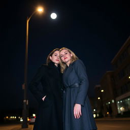 Two women in formal coats standing under the night sky