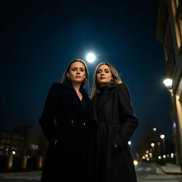 Two women in formal coats standing under the night sky