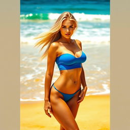 A sexy blonde woman with flowing hair stands confidently on a sunny beach, wearing a tight blue top that accentuates her figure